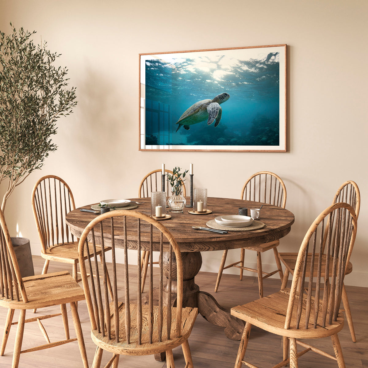 Room mockup above a dining table: Turtle Garden — turtle swimming beneath the sunlit ocean surface.