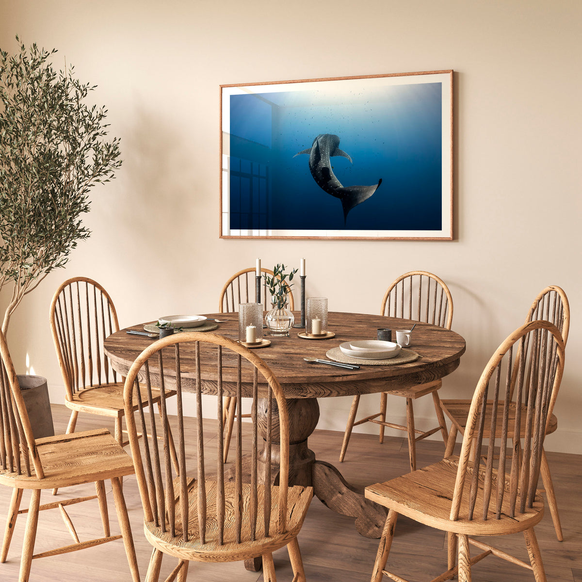 Room mockup above a dining table: Towards the light — whale shark swimming towards sunlight.