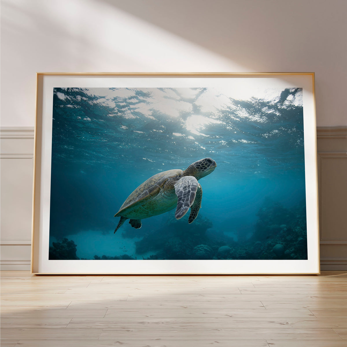 Styled preview in a wood frame on a floor: Turtle Garden — turtle swimming beneath the sunlit ocean surface.
