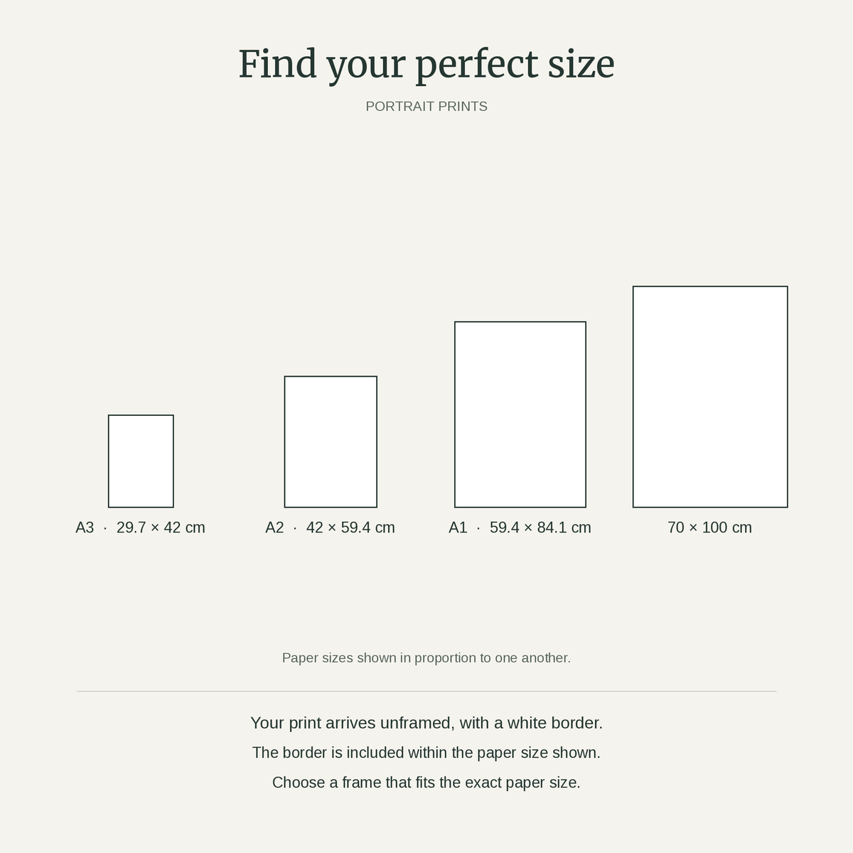 Portrait print paper sizes compared to scale: A3 29.7 × 42 cm, A2 42 × 59.4 cm, A1 59.4 × 84.1 cm and 70 × 100 cm. Prints arrive unframed with a white border included in the paper size.