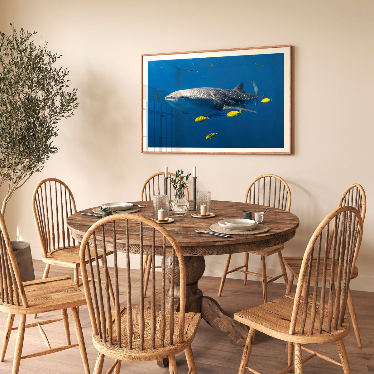 Room mockup above a dining table: Big fish little fish — whale shark accompanied by small yellow fish.