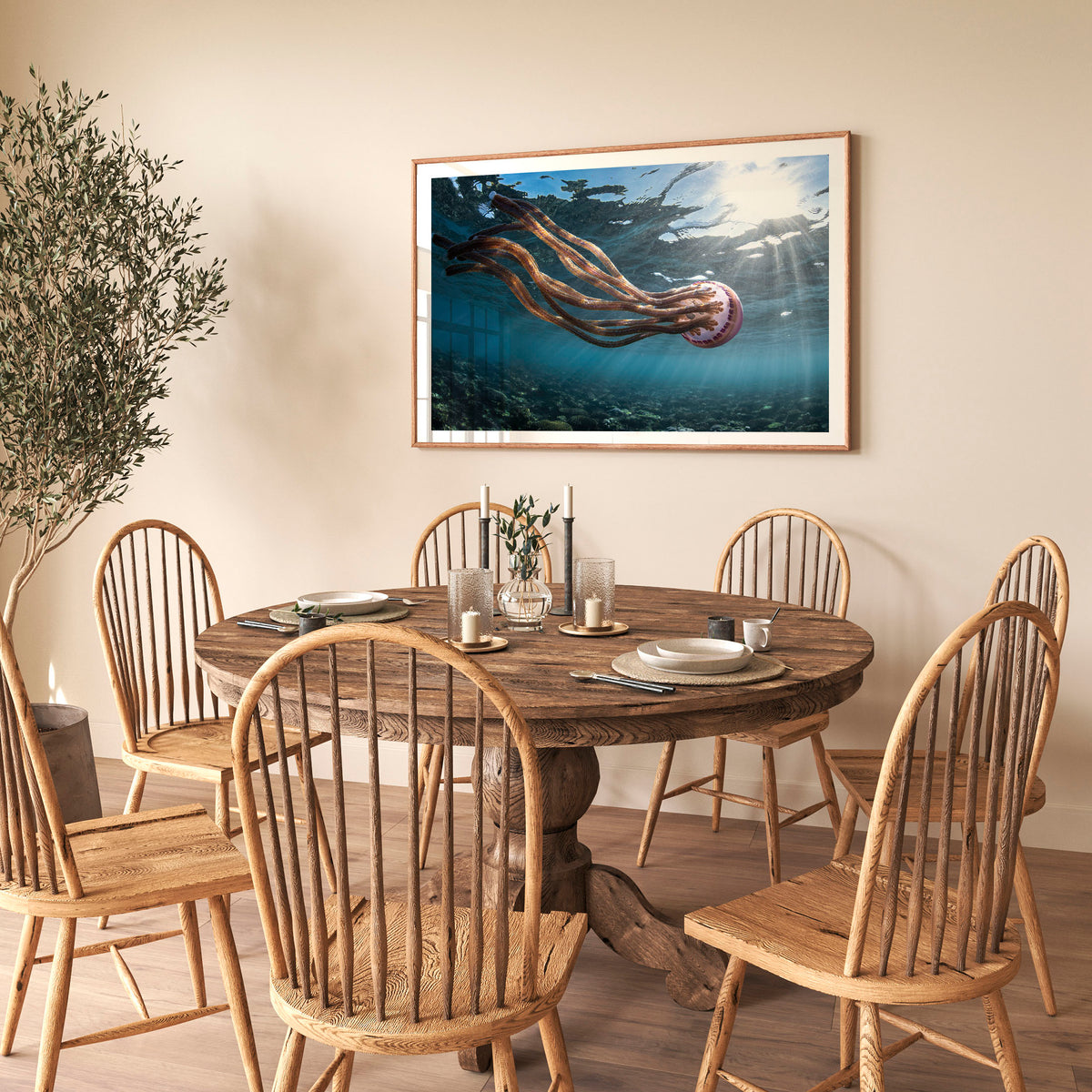 Room mockup above a dining table: Jellyfish magic — jellyfish near the sunlit ocean surface.