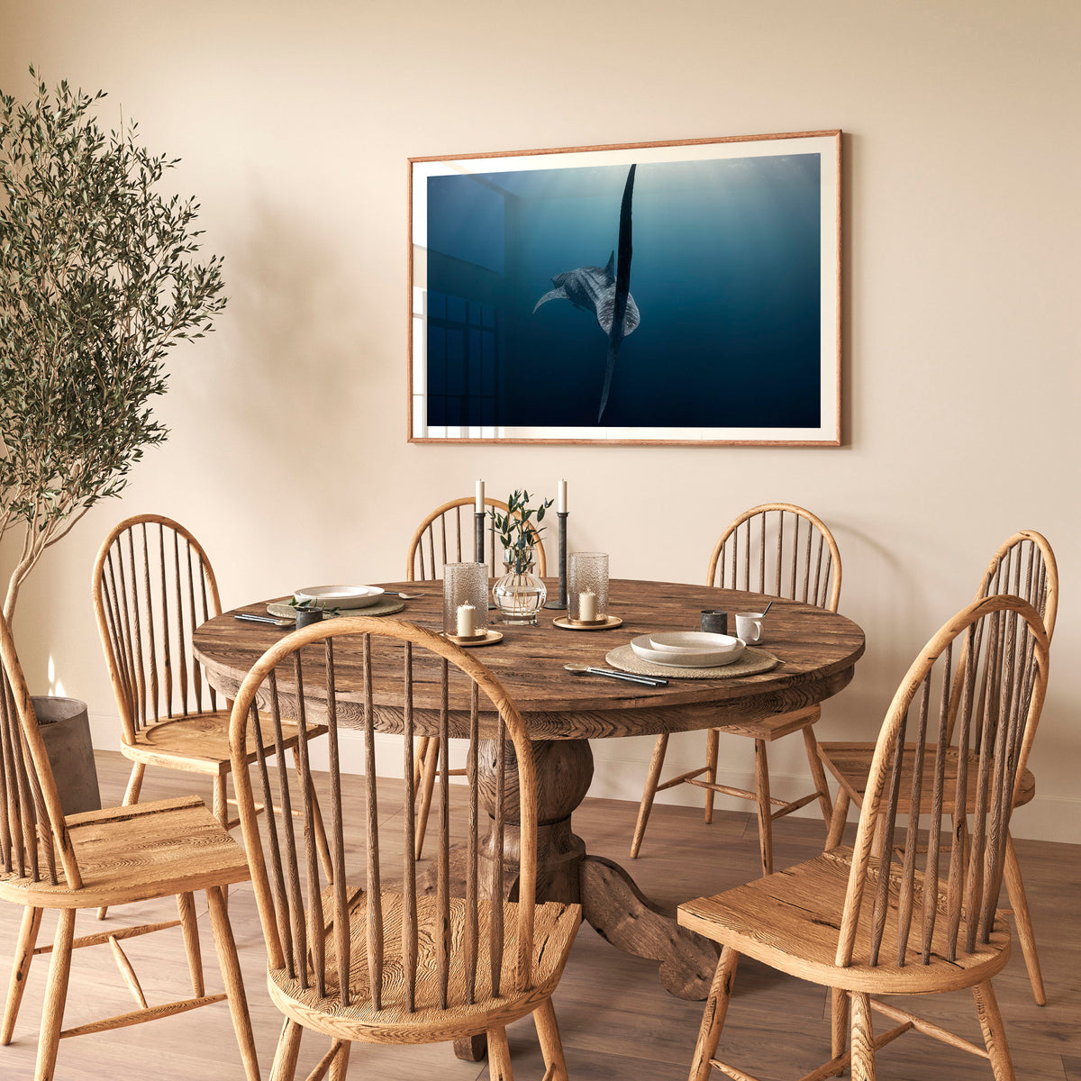 Room mockup above a dining table: A Sharks tale — whale shark tail beneath the ocean surface.