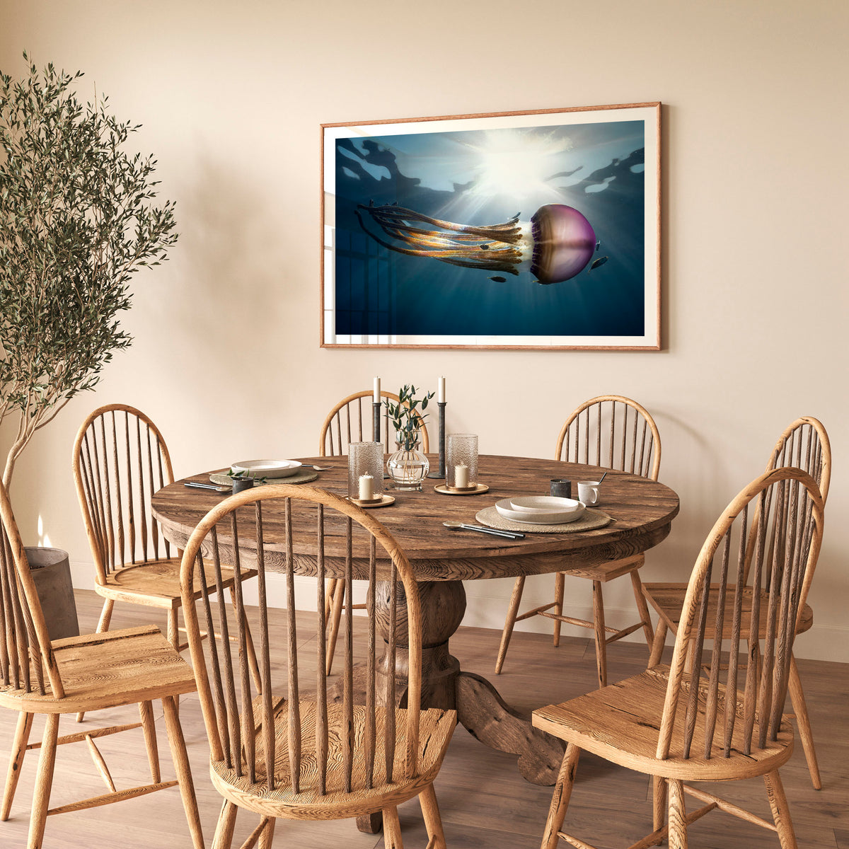 Room mockup above a dining table: Rasta Jelly III — jellyfish with long trailing tentacles.