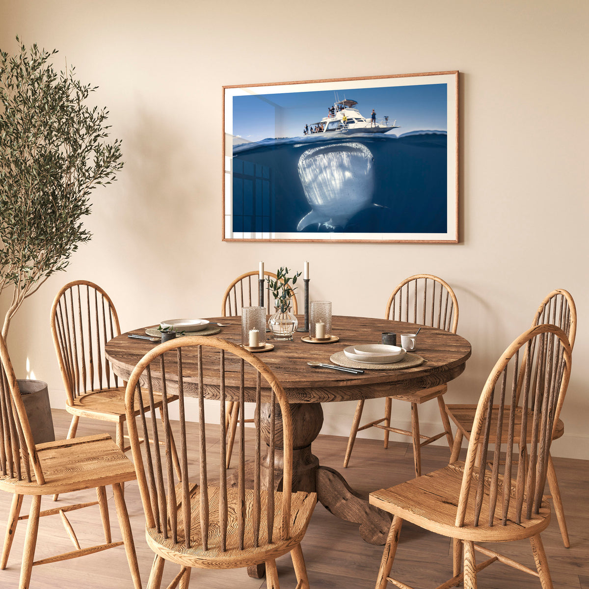 Room mockup above a dining table: We're gonna need a bigger boat — split-level view of a whale shark beneath a boat.