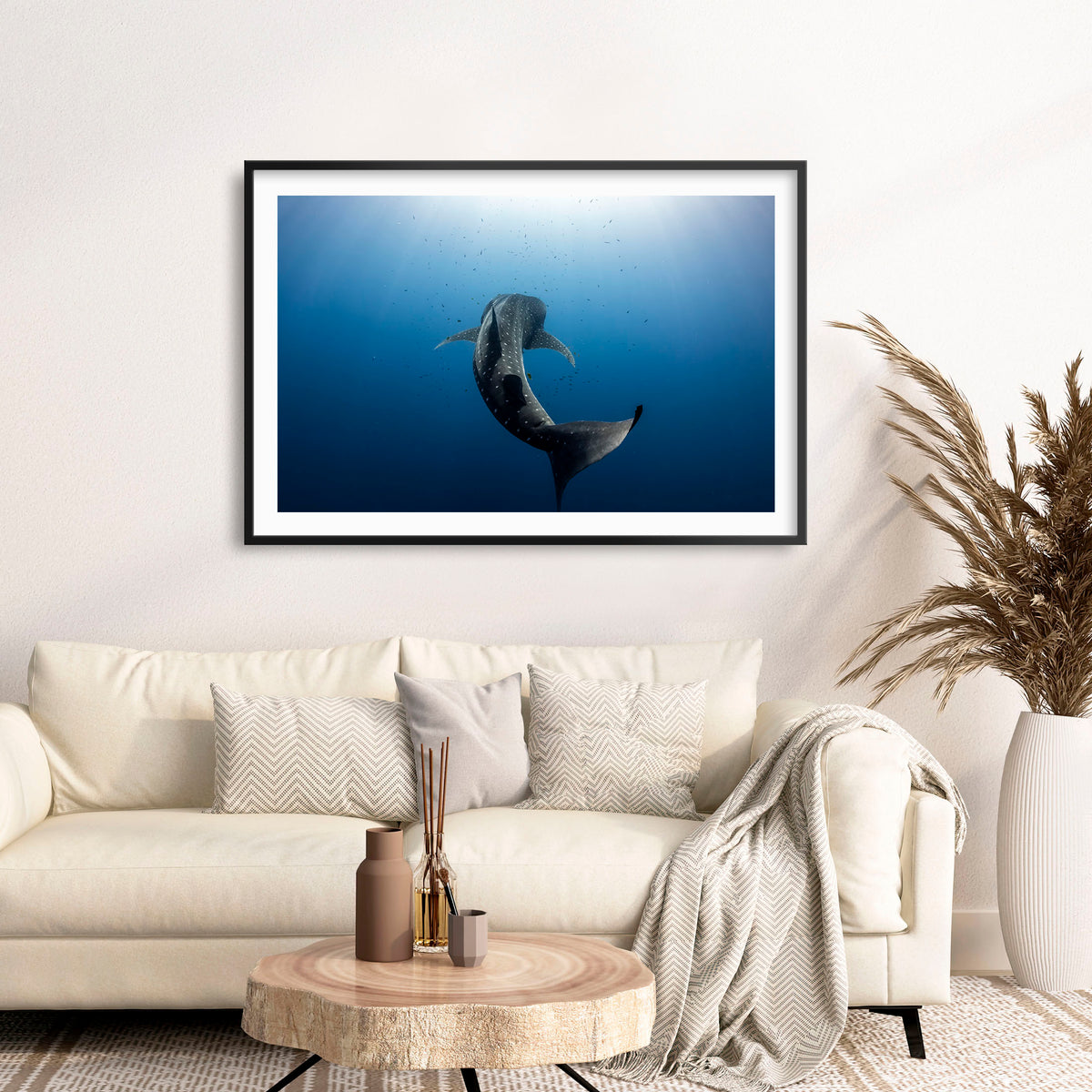 Room mockup above a sofa: Towards the light — whale shark swimming towards sunlight.