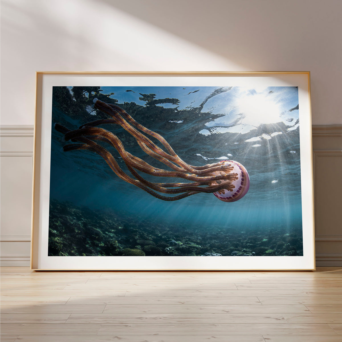 Styled preview in a wood frame on a floor: Jellyfish magic — jellyfish near the sunlit ocean surface.